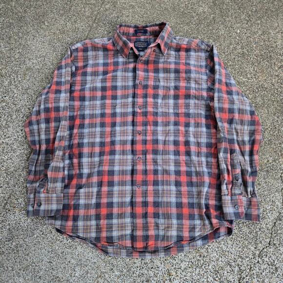 Vtg PENDLETON Landry Cut Medium Print Outdoors Gorp Button Up Flannel Shirt Lg - Picture 1 of 5